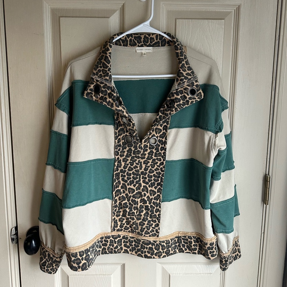 Gilded Intent Green and Cream Striped Blouse with Leopard Accents